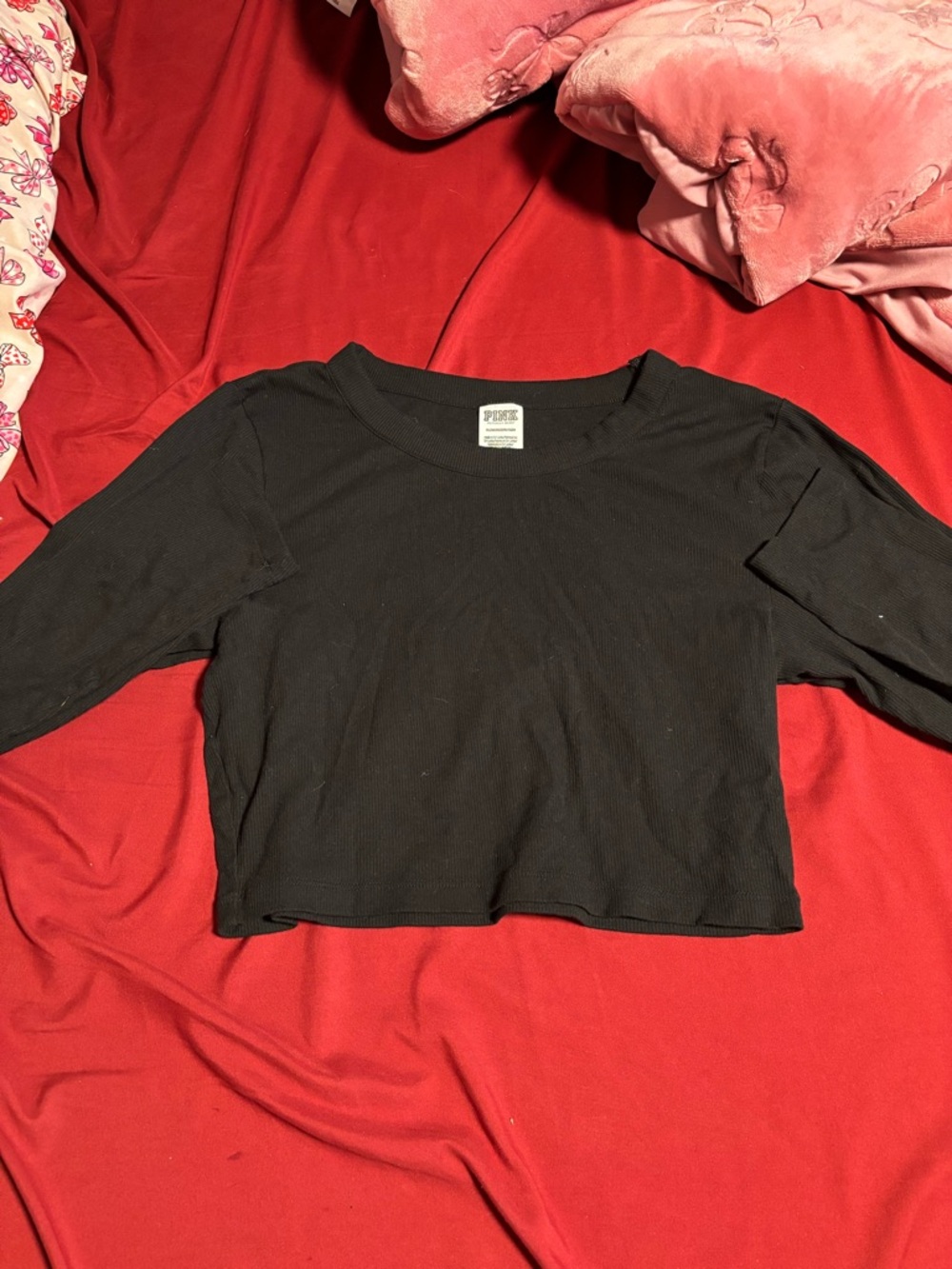 PINK Victoria's Secret Black Ribbed Long Sleeve Crop Top